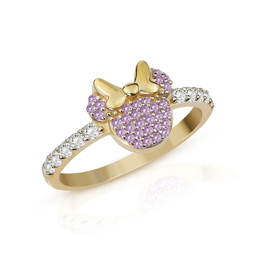 14k gold ring featuring a mouse head outline paved with purple stones and a gold bow.