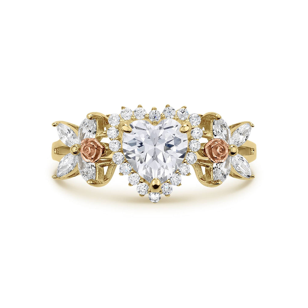Front view of 14k yellow and rose gold birthstone ring with heart cubic zirconia.