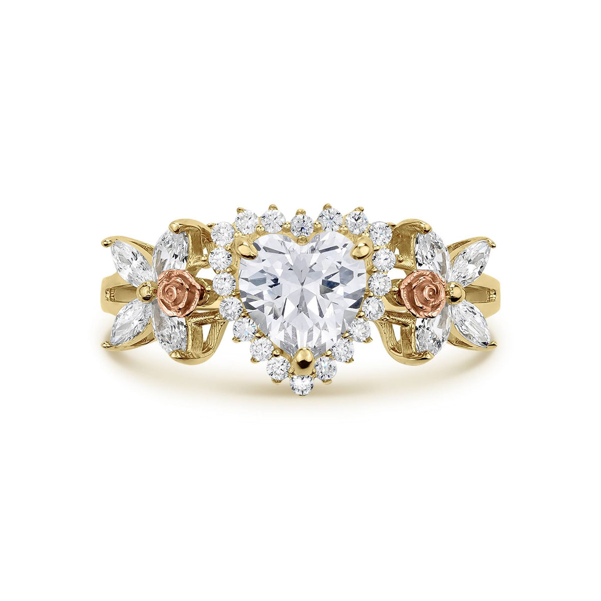 Front view of 14k yellow and rose gold birthstone ring with heart cubic zirconia.