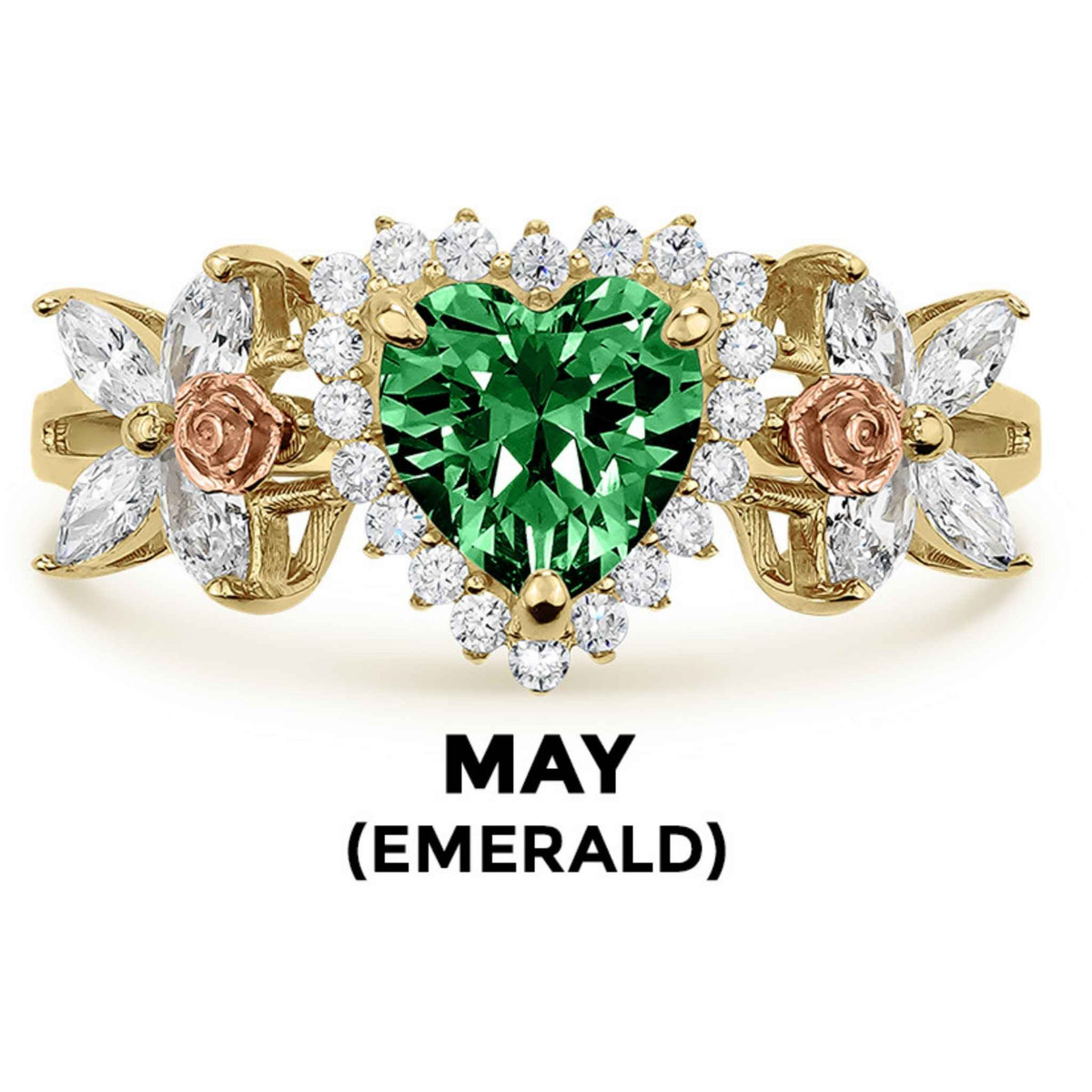 14k gold heart ring with green emerald birthstone and May text label.