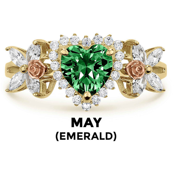 14k gold heart ring with green emerald birthstone and May text label.
