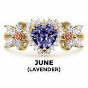 14k gold heart ring with lavender birthstone and June text label.