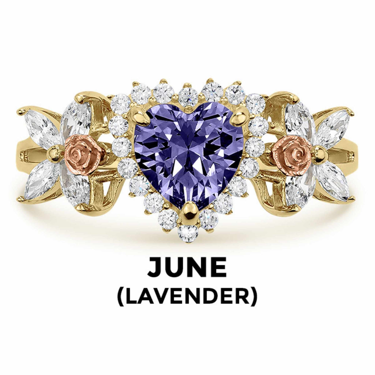 14k gold heart ring with lavender birthstone and June text label.