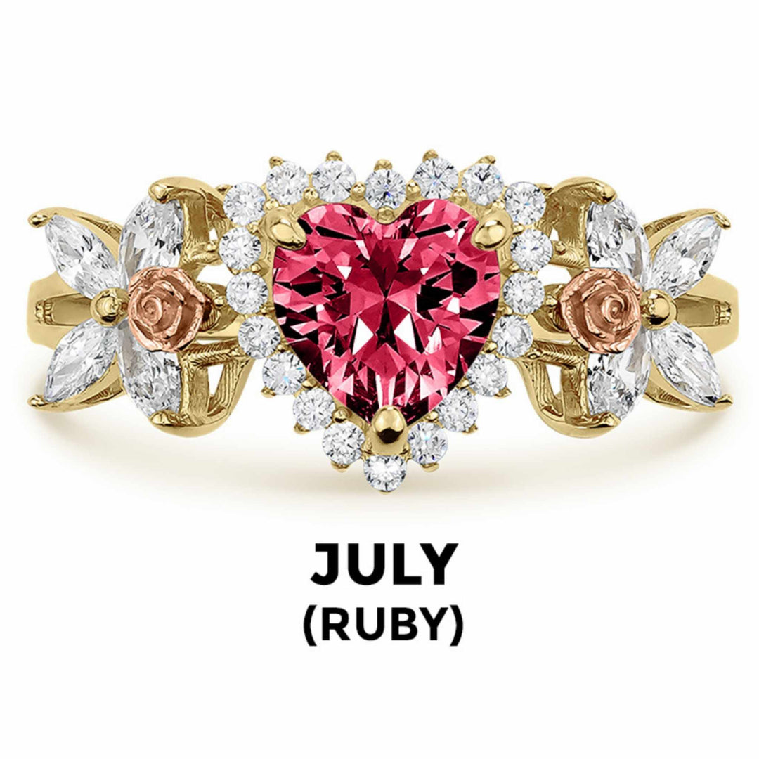 14k gold heart ring with red ruby birthstone and July text label.