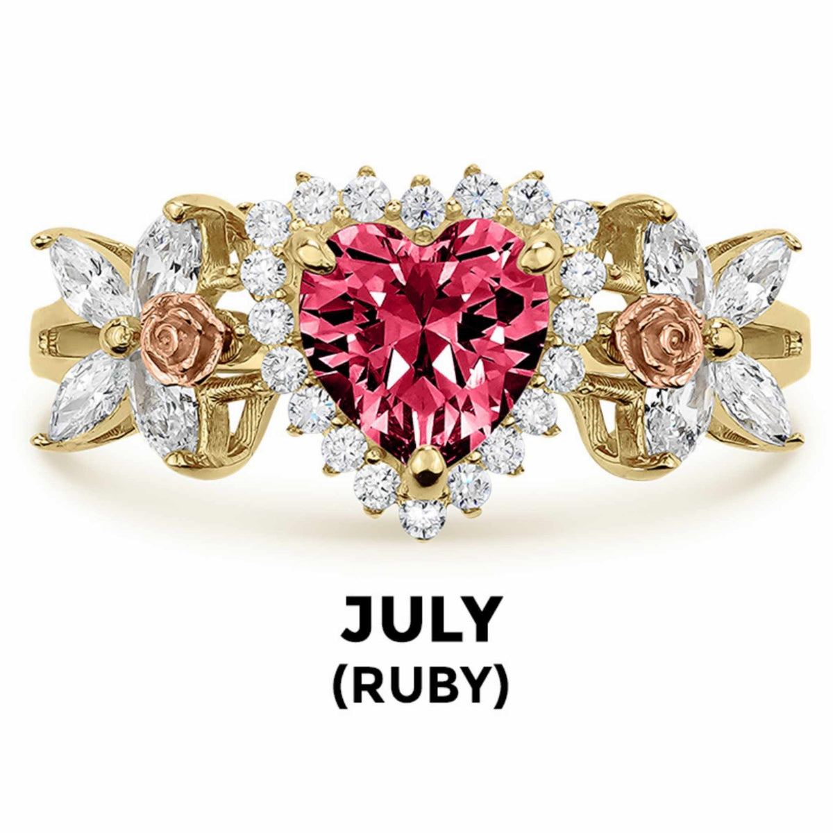 14k gold heart ring with red ruby birthstone and July text label.
