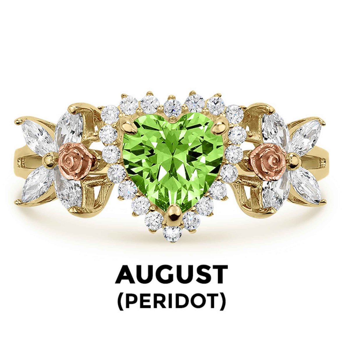 14k gold heart ring with green peridot birthstone and August text label.