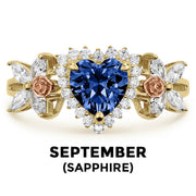 14k gold heart ring with blue sapphire birthstone and September text label.