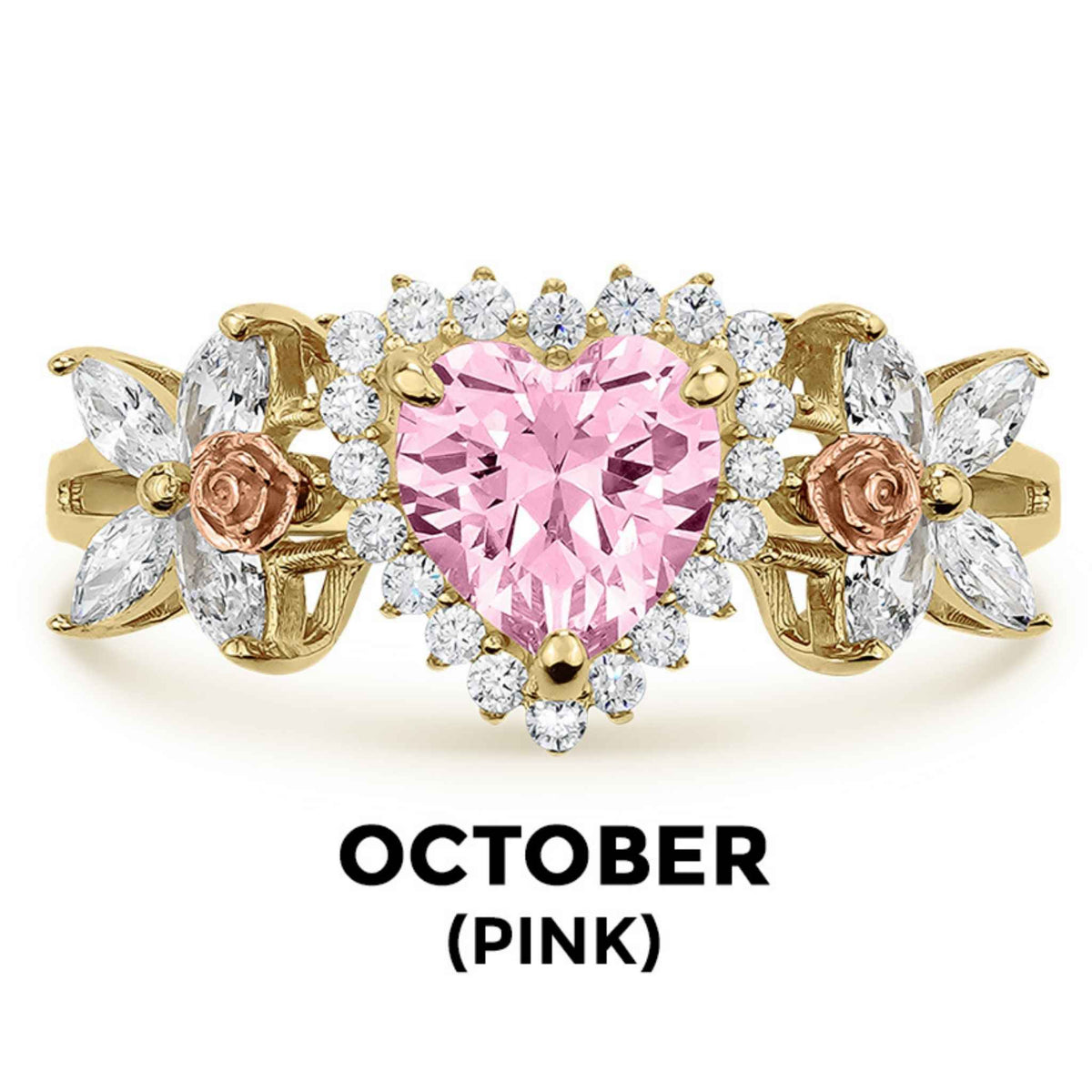 14k gold heart ring with pink tourmaline birthstone and October text label