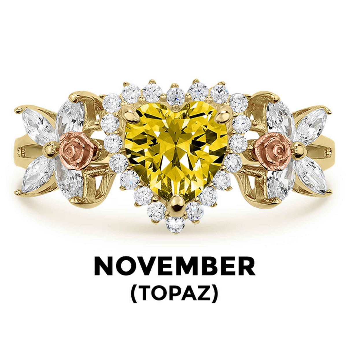 14k gold heart ring with yellow topaz birthstone and November text label.