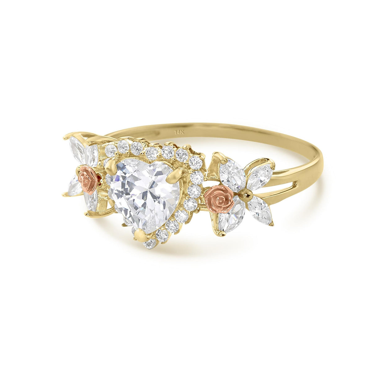 14k gold birthstone ring with a halo-set heart cz and rose gold flower details.