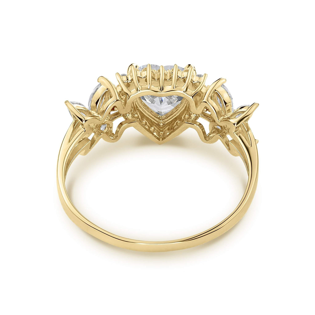 Back view of 14k gold birthstone ring showing the hollow heart crown setting underbelly.