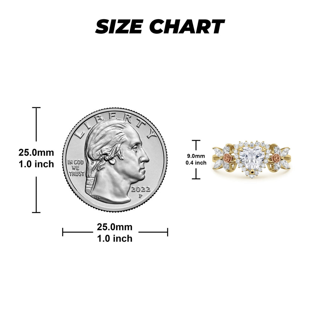 Ring size chart comparing a US quarter to a 14k gold heart birthstone ring