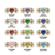 Birthstone chart displaying twelve 14k gold heart gemstone rings with corresponding month labels.