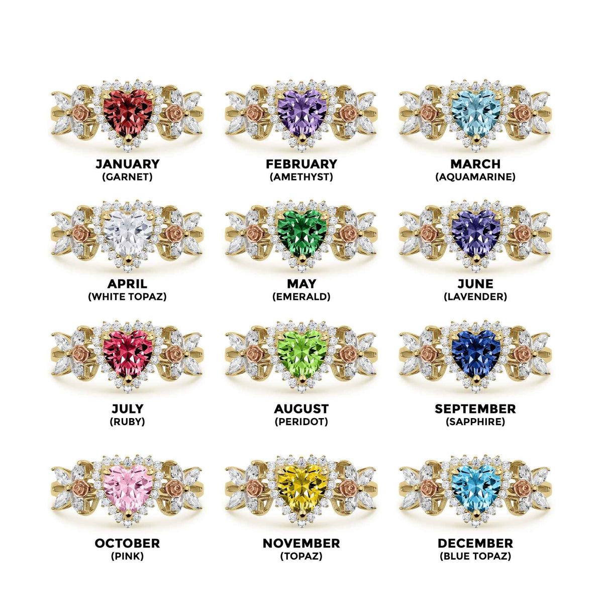 Birthstone chart displaying twelve 14k gold heart gemstone rings with corresponding month labels.