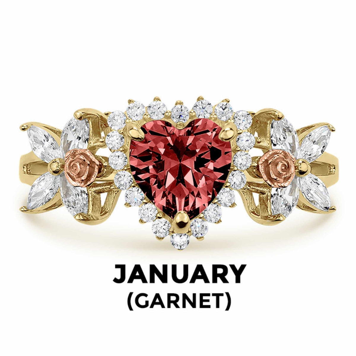 14k gold heart ring with red garnet birthstone and January text label.