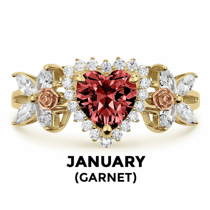 14k gold heart ring with red garnet birthstone and January text label.