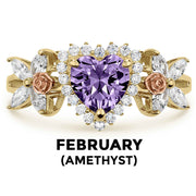 14k gold heart ring with purple amethyst birthstone and February text label.