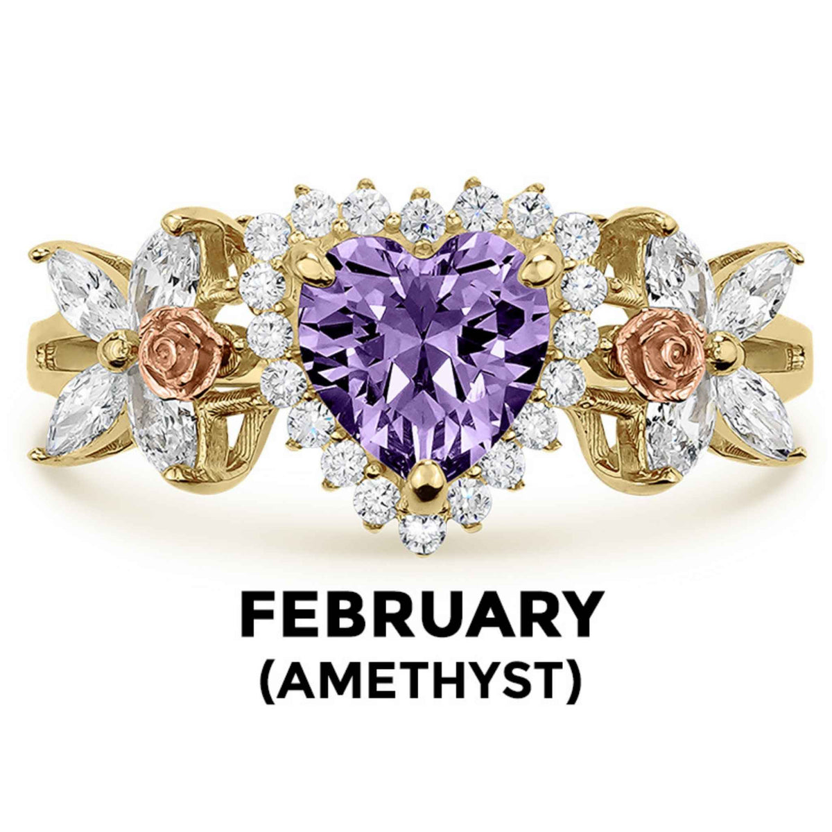 14k gold heart ring with purple amethyst birthstone and February text label.