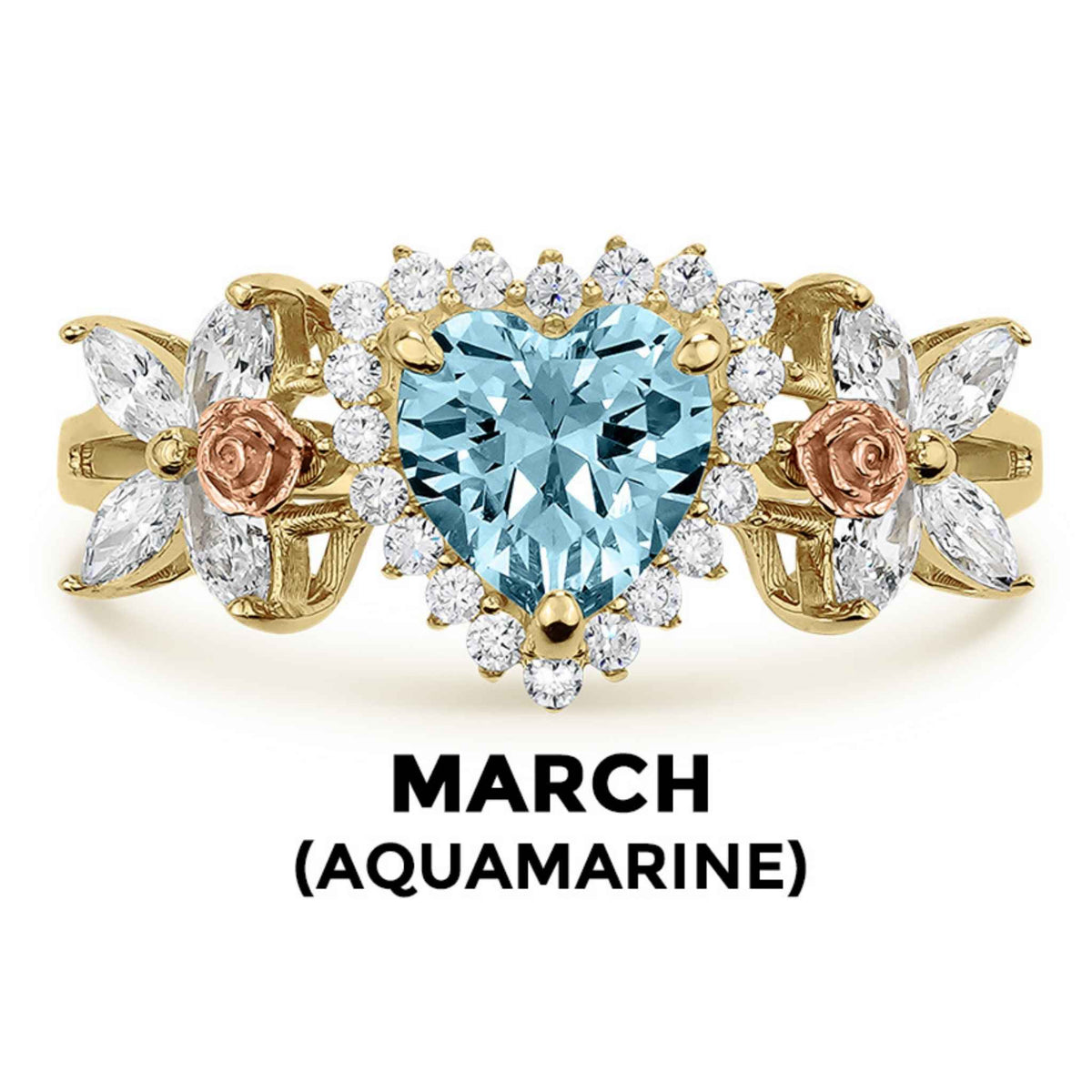 14k gold heart ring with light blue aquamarine birthstone and March text label.