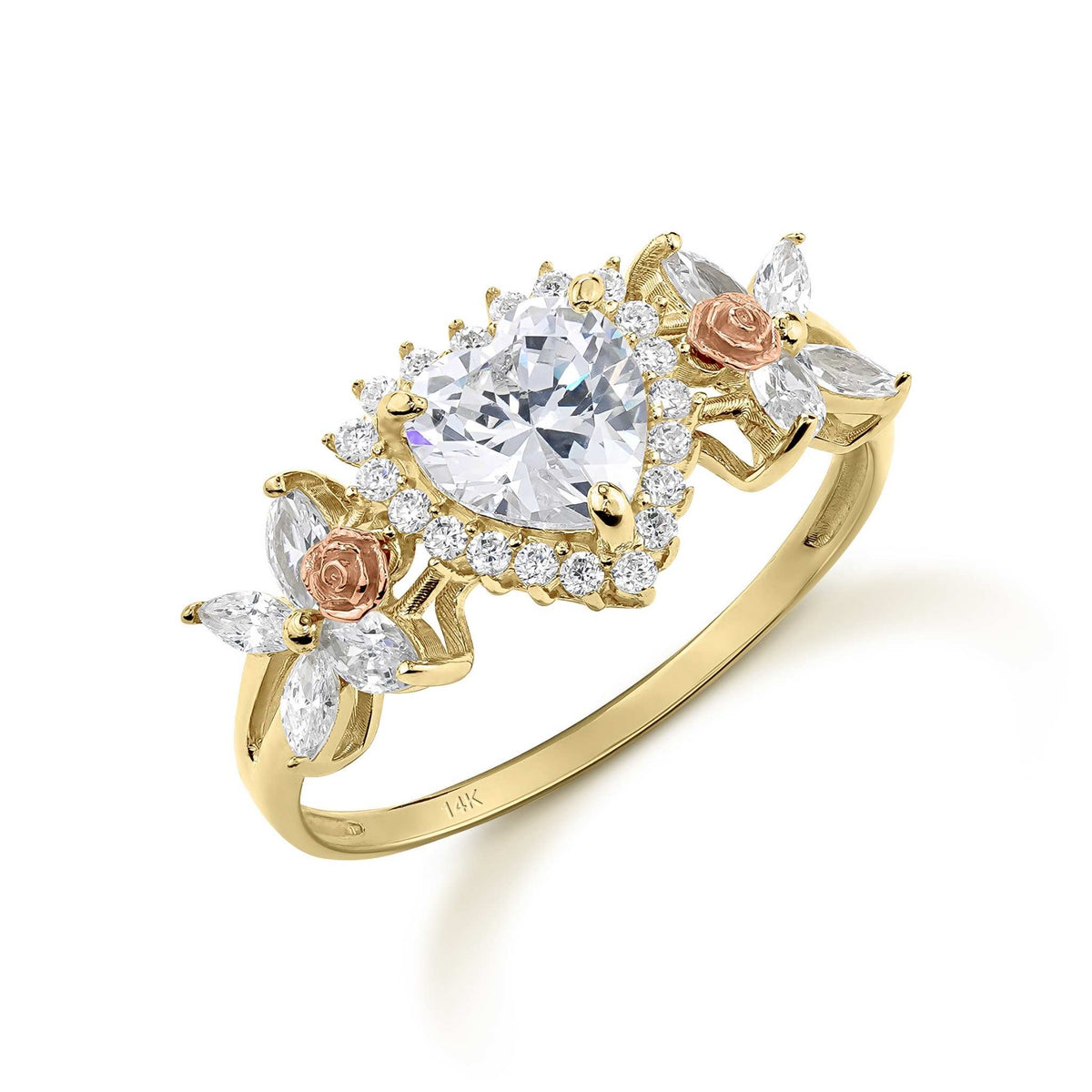 14k gold two-tone ring featuring a heart-shaped cubic zirconia stone and rose accents.