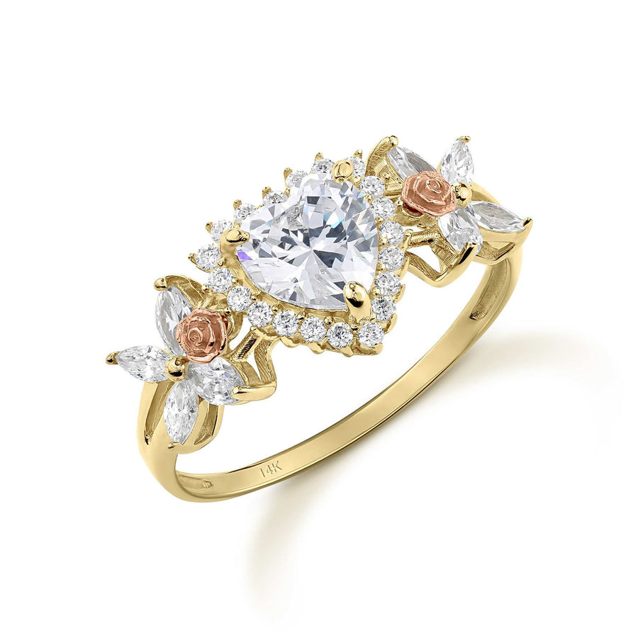 14k gold two-tone ring featuring a heart-shaped cubic zirconia stone and rose accents.