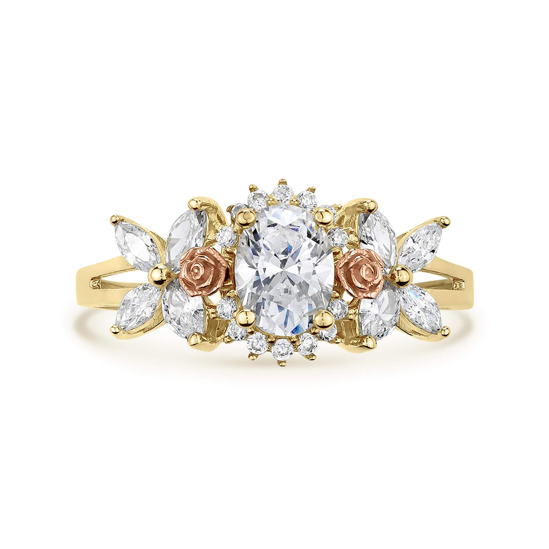 14k gold birthstone ring with a halo-set oval cz and rose gold flower details