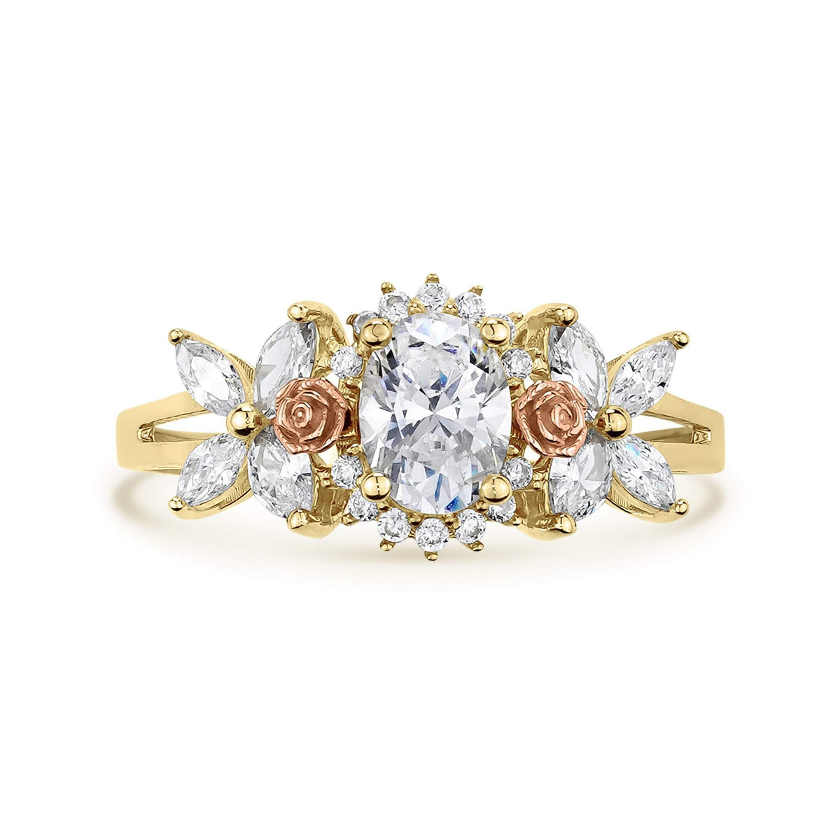 14k gold birthstone ring with a halo-set oval cz and rose gold flower details