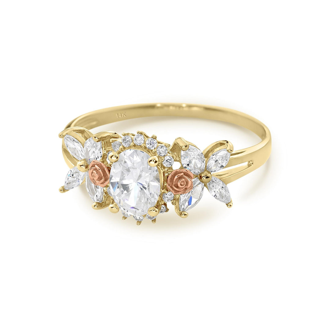 Front view of 14k yellow and rose gold birthstone ring with oval cubic zirconia.