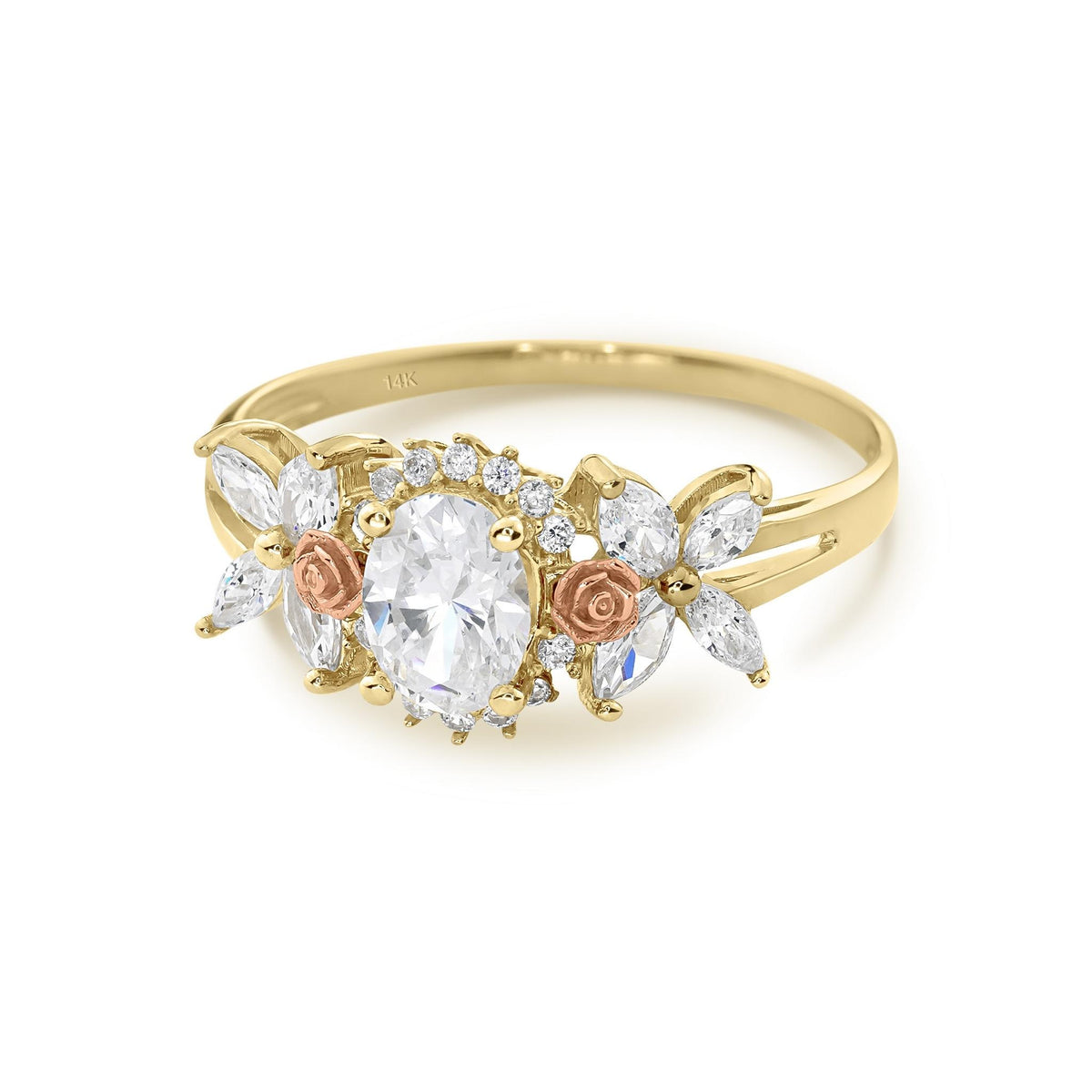 Front view of 14k yellow and rose gold birthstone ring with oval cubic zirconia.