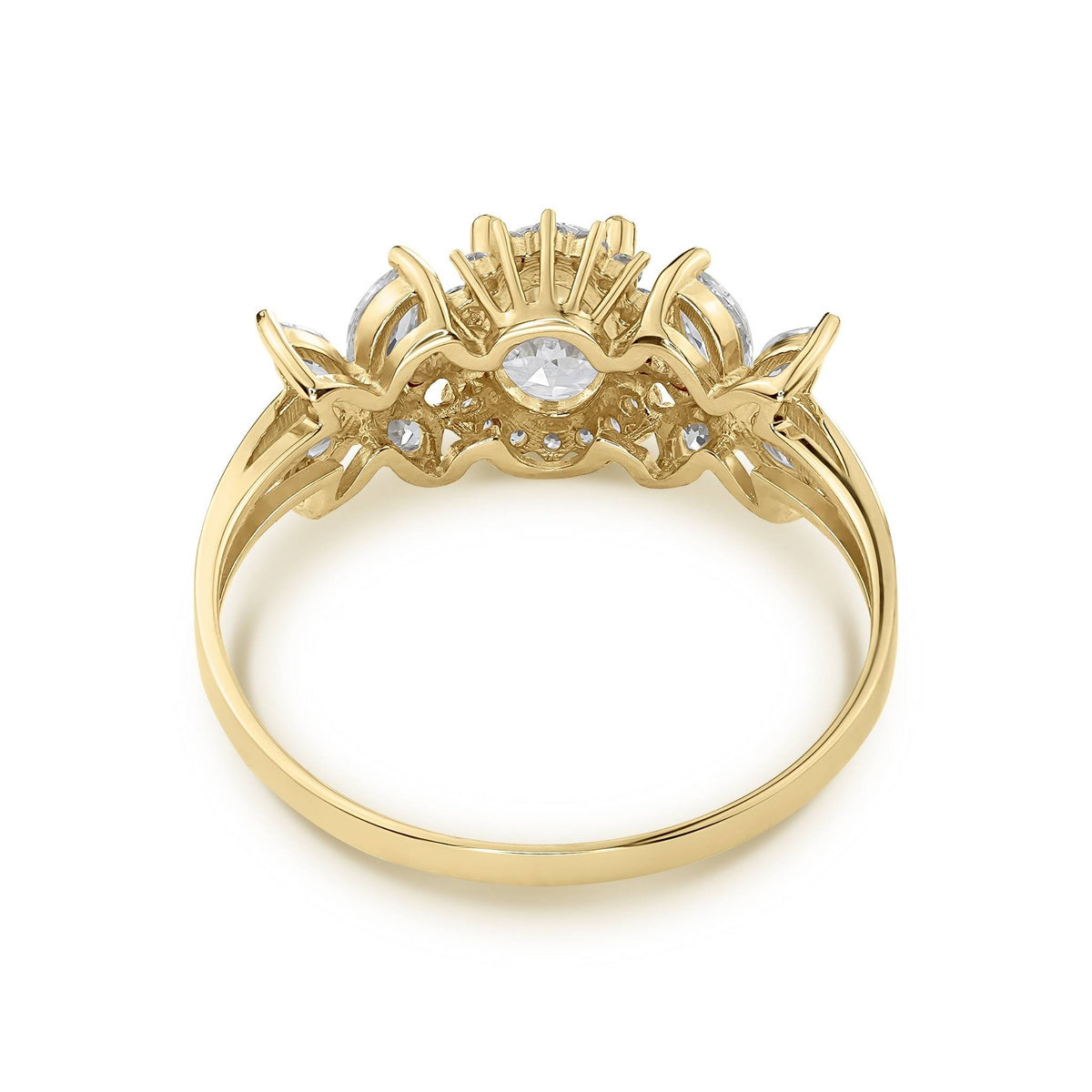 Back view of 14k gold birthstone ring showing the hollow crown setting underbelly.