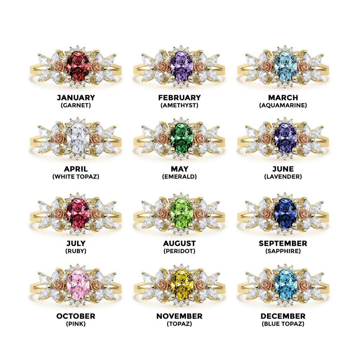Birthstone chart displaying twelve 14k gold oval gemstone rings with corresponding month labels.