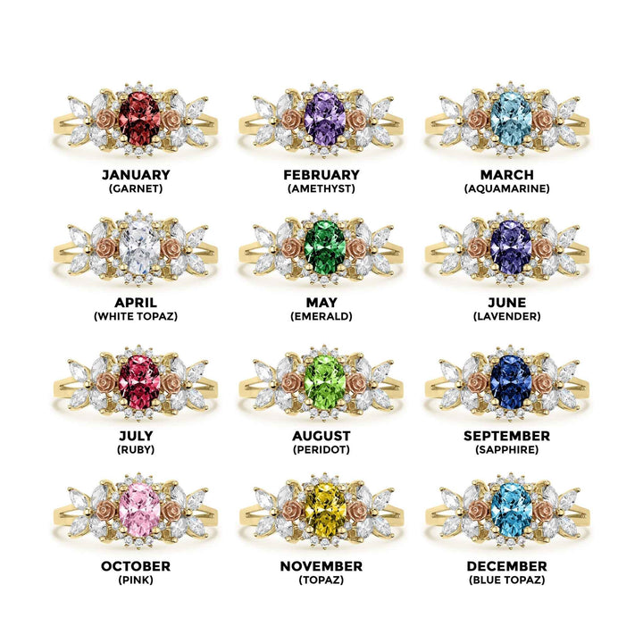 Birthstone chart displaying twelve 14k gold oval gemstone rings with corresponding month labels.
