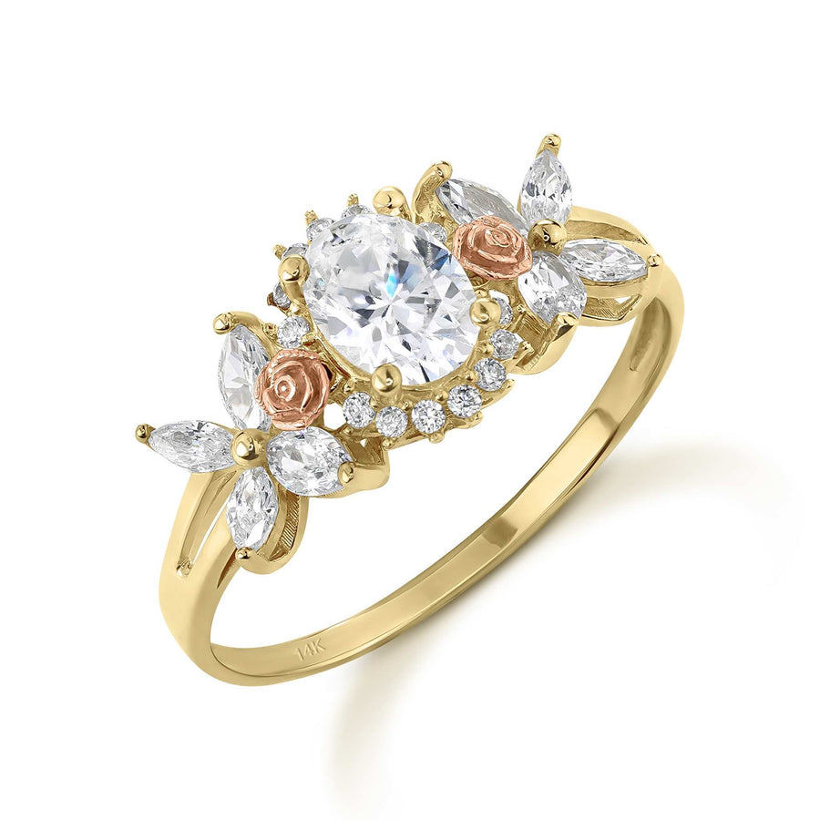 Yellow and rose gold ring with a large oval stone and floral leaf details