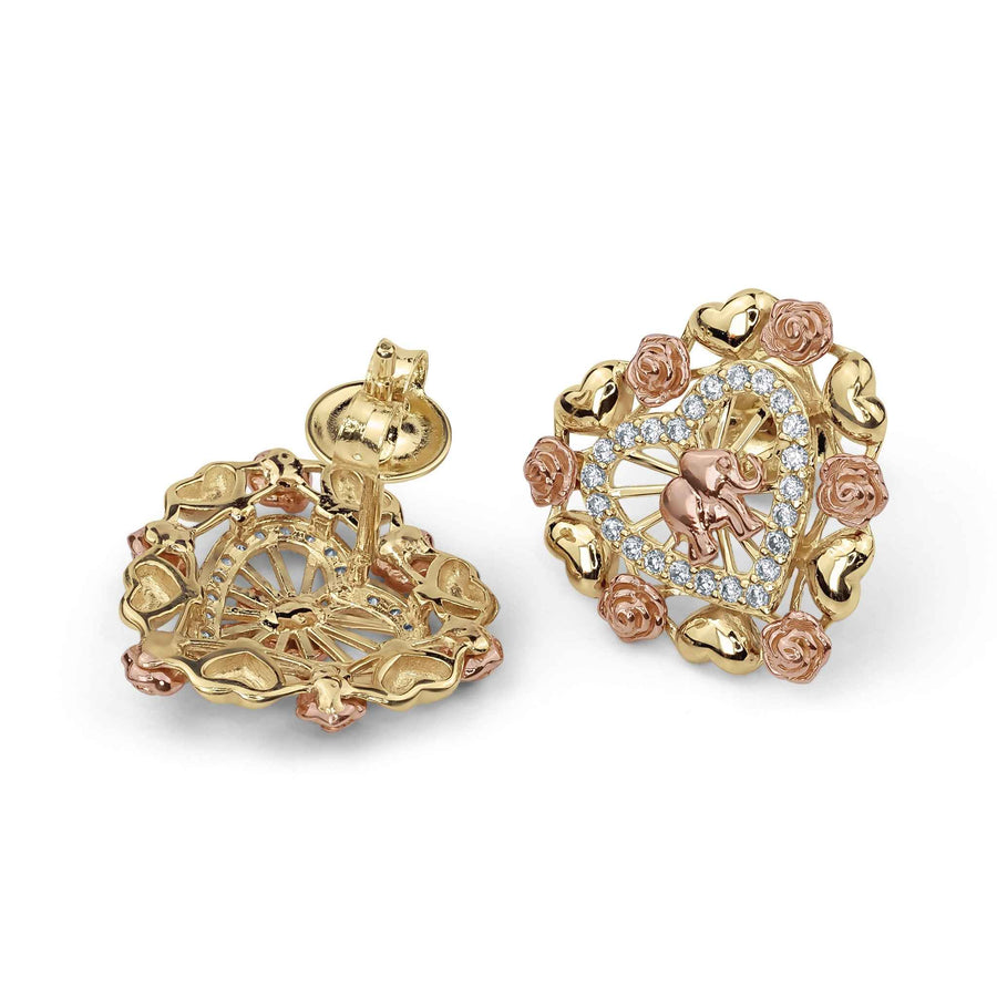Tricolor 14k gold heart earrings with elephant motif and cubic zirconia accents.