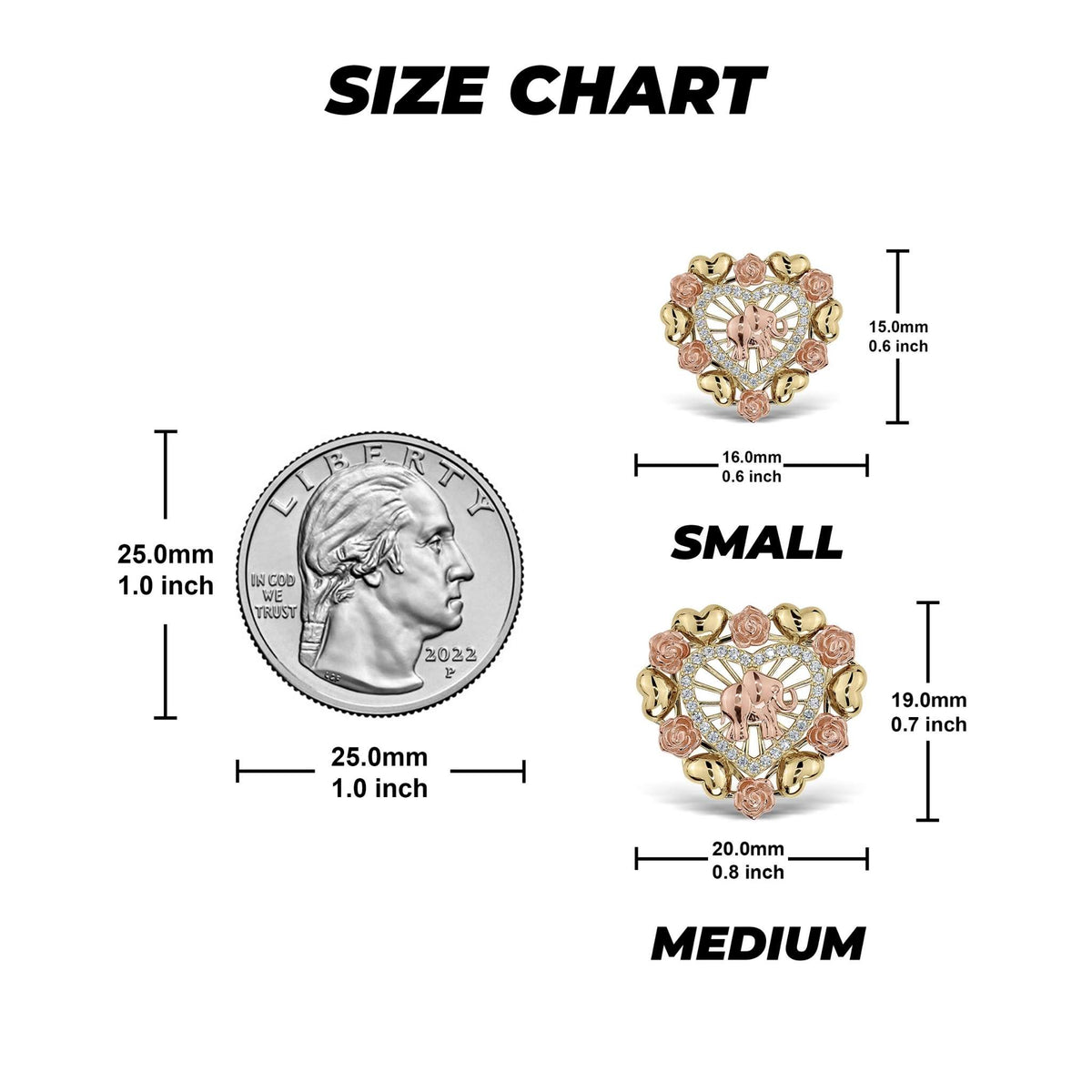 Size comparison chart for small and medium elephant heart earrings next to a quarter.