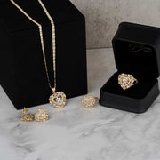 Collection of 14k tricolor gold elephant heart jewelry including earrings, pendant, and ring.