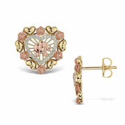 Front and side view of tricolor gold heart earrings featuring a rose gold elephant.