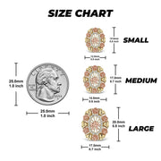 Size guide comparing small, medium, and large elephant oval stud earrings to a quarter.