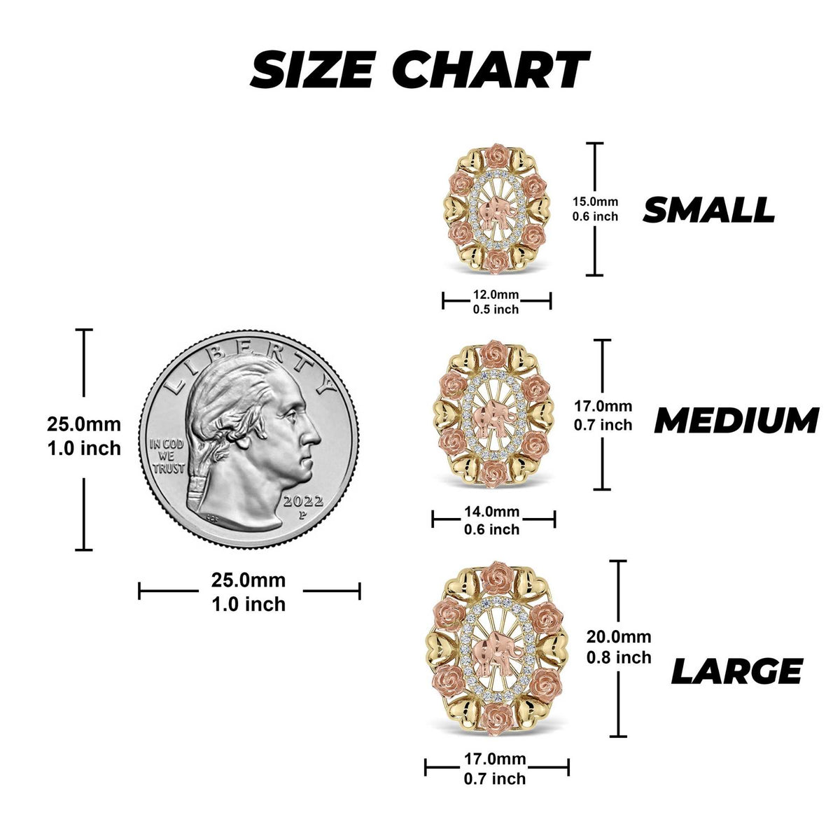 Size guide comparing small, medium, and large elephant oval stud earrings to a quarter.