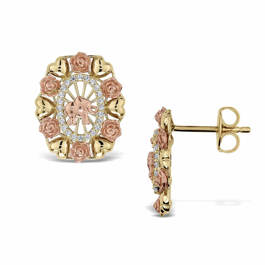 Front and side profile of tricolor gold oval heart earrings with elephant design.