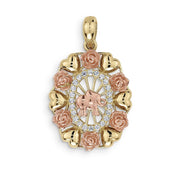 Tricolor 14k gold oval pendant featuring a rose gold elephant with CZ stones and roses.