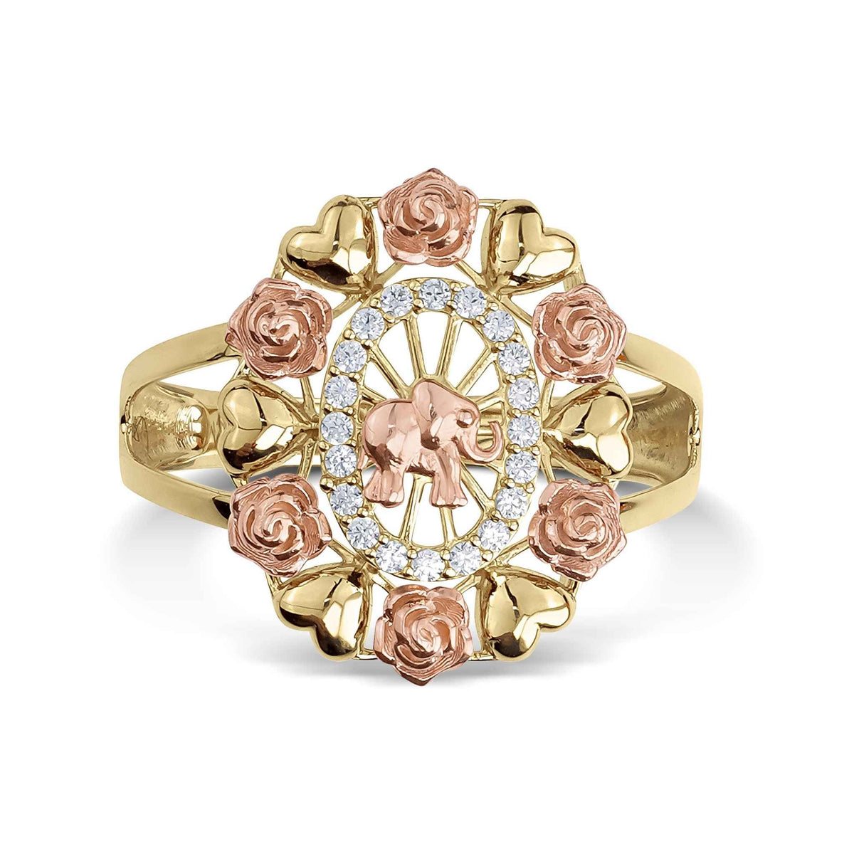 14k gold oval ring with a rose gold elephant, CZ accents, and heart borders.