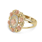 14k Gold Bloom Tricolor Elephant CZ Oval Ring side view on a black background.