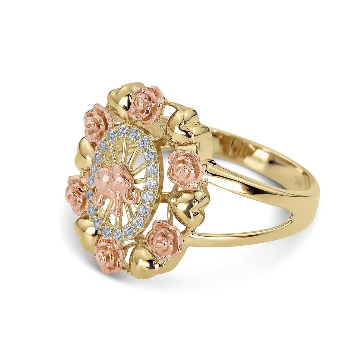 14k Gold Bloom Tricolor Elephant CZ Oval Ring side view on a black background.