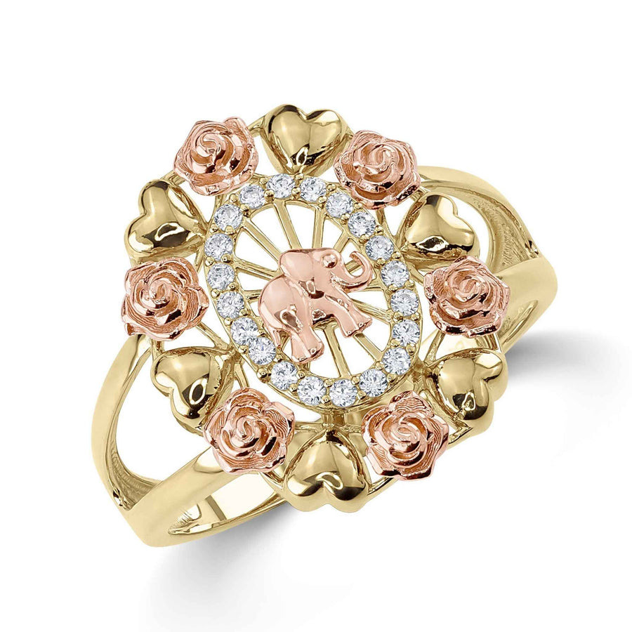 14k gold ring with a rose gold elephant inside a CZ-encrusted oval and rose accents.