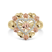 14k tricolor gold heart ring featuring a rose gold elephant surrounded by CZ-encrusted roses.