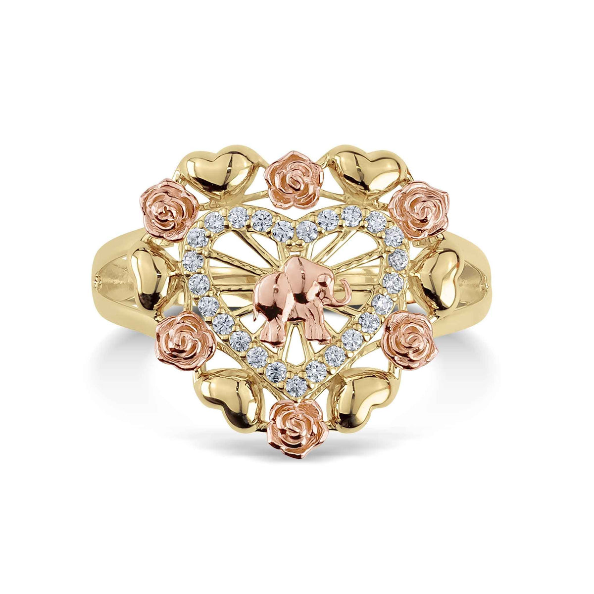 14k tricolor gold heart ring featuring a rose gold elephant surrounded by CZ-encrusted roses.