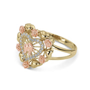 14k Gold Bloom tricolor elephant heart ring profile view on a white background.