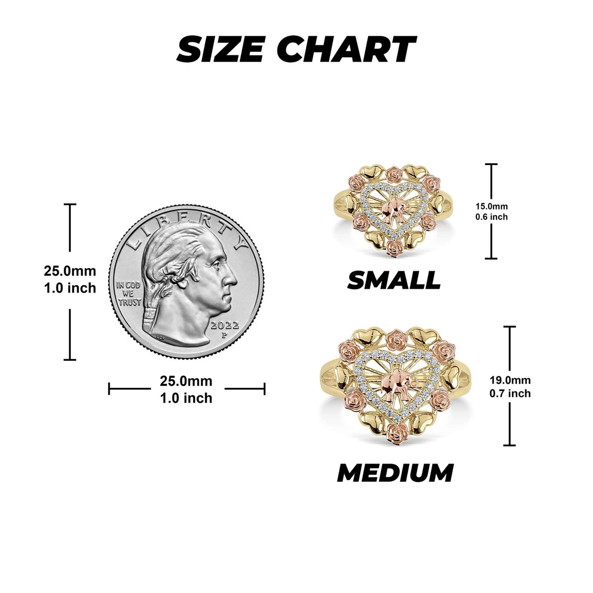14k gold elephant heart ring size guide with millimeter and inch measurements.