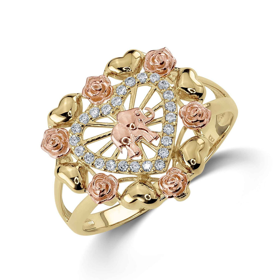 Tricolor 14k gold heart ring with a rose gold elephant and CZ details.